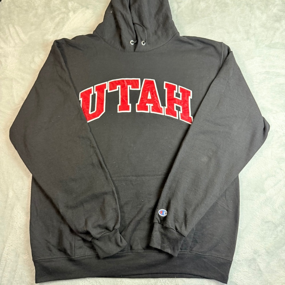 CHAMPION Utah Utes Hoodie L Black Red Spellout Applique NCAA Vintage College